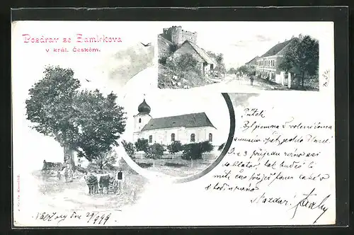 AK Zavlekov, Ansichten des Dorfes mit Kirche und Burgruine