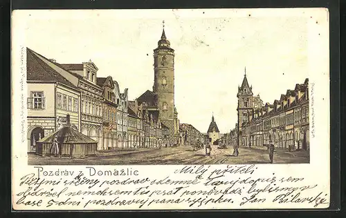Lithographie Damozlice, Blick in eine Einkaufsstrasse mit Kirche