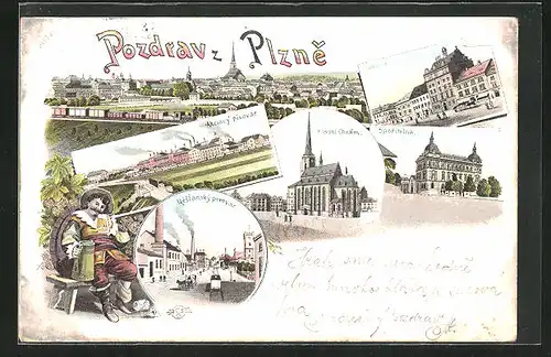 Lithographie Plzen, Akciovy pivovar, Hlavni Chram, Sporitelna, Mestansky pivovar