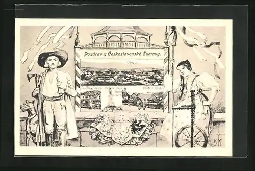 AK Ujezd, Kozinuv statek, Pomnik Jana Koziny Sladkeho, Chodske e stavby