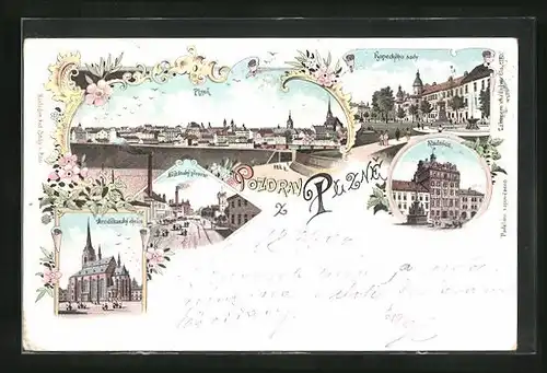 Lithographie Plzen, Kopeckeho sady, Radnice, Mestansky pivovar