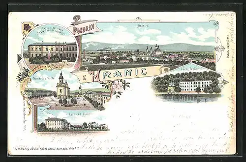 Lithographie Hranice, Namesti a kostel, Lesnicka skola, Lazne-Teplice