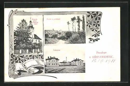 AK Ddrevohostice, Zamek pred pozarem r. 1907, Partie z podskali, Cukrovar