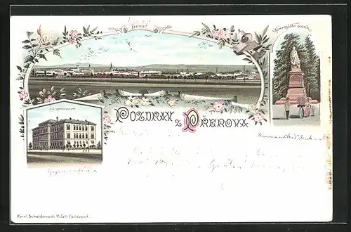 Lithographie Prerov, Panorama, C. k. gymnasium, Komenskeho pomnik