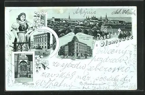 Mondschein-Lithographie Olomouce, Narodni dum, Ustredni zalozna rolnicka, Mestsky orloj