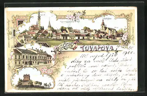 Lithographie Tovakov, Stadttotale, Strasse, Denkmal