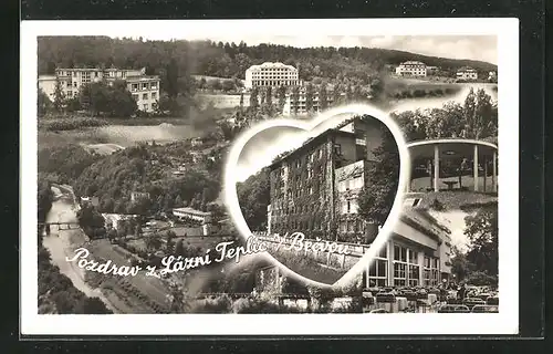 AK Lazne Teplice u. Hranic, Aufnahme der Kuranlage mit Ortsansicht