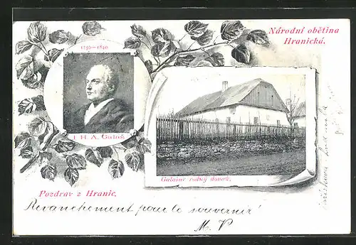 AK Hranice, J. H. A. Galas - Portrait /Geburtshaus