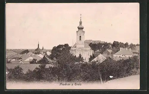 AK Trsice, Ortspartie mit Kirche, Kostel