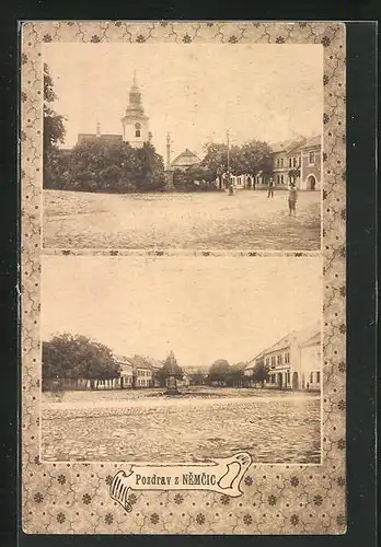 AK Nemcice, Namesti, Kostel, Pomnik