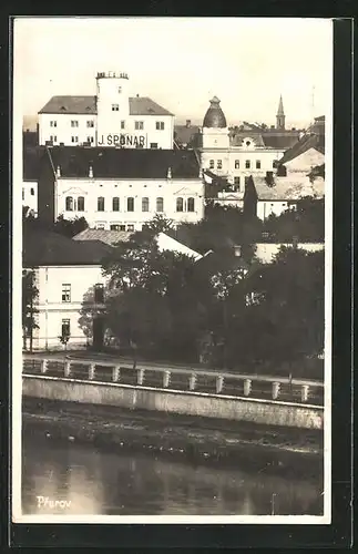 AK Prerov, Uferpartie mit Geschäft v. J. Sponar