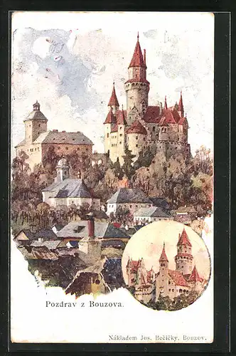 Künstler-AK Bouzov, Ortsansicht mit Schloss, Zamek