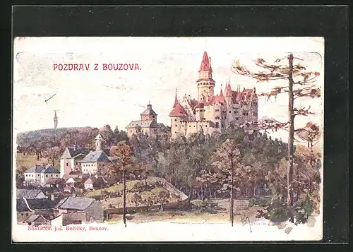 Künstler-AK Bouzov, Panorama mit Schloss
