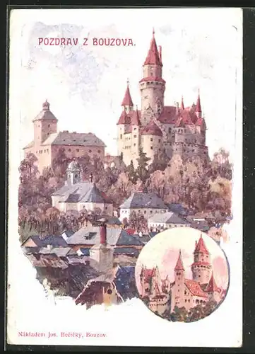Künstler-AK Bouzov, Ortsansicht mit Schloss, Zamek