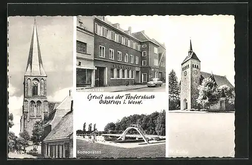 AK Ochtrup i. Westf., St. Sparkasse, Badeanstalt, Katholische Kirche