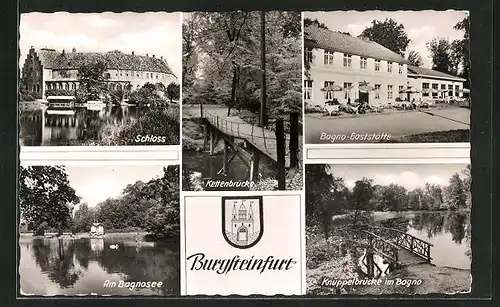 AK Burgsteinfurt, Bagno-Gaststätte, Schloss, Knüppelbrücke im Bagno