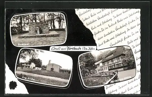 AK Forsbach /Bez. Köln, Forsbacher-Mühle, Ehrenmal, Evangelische Kirche