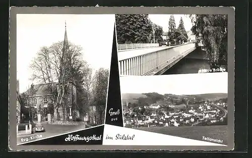 AK Hoffnungsthal /Sülztal, Neue Brücke, Evg. Kirche, Teilansicht
