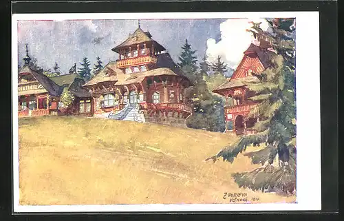 Künstler-AK Pustevny, Turistické Útulny Pohorské Jednoty, Radhost Na Pustevnich