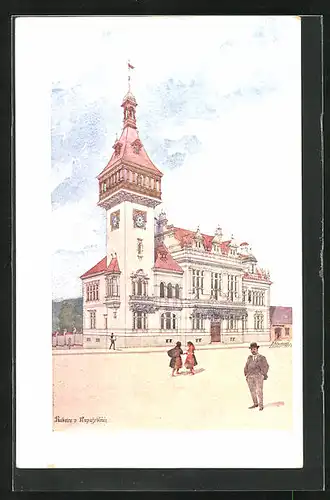 Künstler-AK Napajedla, Platz mit Rathaus und Fussgänger