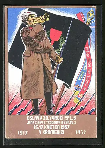 Künstler-AK Kromeriz, Oslavy 20. Vyroci P.P.L.3, 1937, Mann mit Horn, Mantel und Gewehr