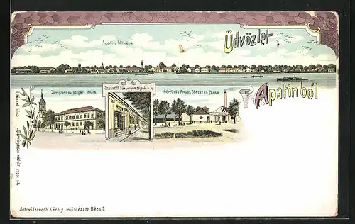 Lithographie Apatin, Templom es polgari iskola, Sörfözde Aman Joszef es farsa