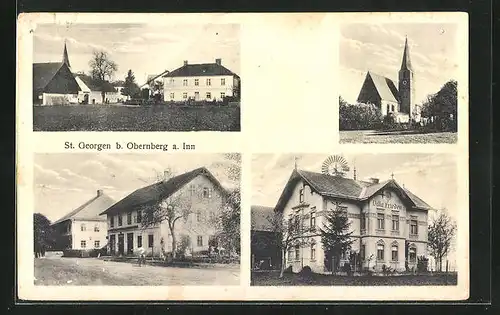 AK St. Georgen b. Obernberg a. Inn, Hotel Villa Frieden, Kirche, Strassenpartie