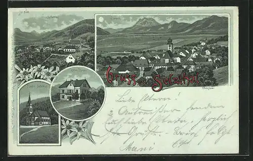 Mondschein-Lithographie Selzthal, Hotel Huber, Kirche, Panorama von Liezen
