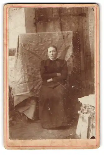 Fotografie unbekannter Fotograf und Ort, Portrait Dame im Biedermeierkleid vor einer sporadischen Fotowand im Garten