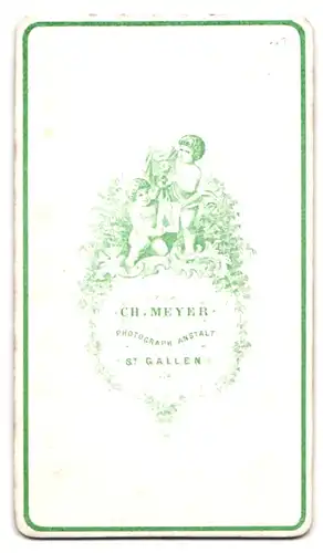 Fotografie Ch. Meyer, St. Gallen, Brünette Dame im Biedermeierkleid vor Studiokulisse
