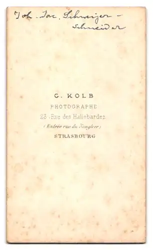 Fotografie C. Kolb, Strasbourg, 23, Rue des Hallebardes, Portrait älterer Herr in modischer Kleidung