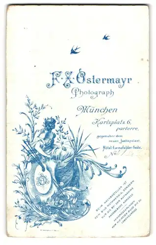 Fotografie F.X. Ostermayr, München, Karlsplatz 6, Mädchen nebst Wappen & Pflanzen, Rückseitig Herren-Portrait