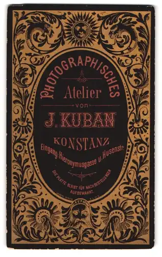 Fotografie J. Kuban, Konstanz, Husenstrasse, Sonne und Ornamente, Rückseitig Damen Portrait