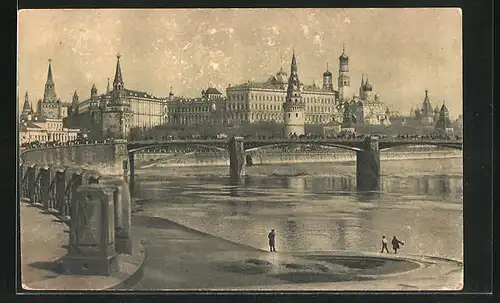 AK Moskau, Vue du Kremlin et du Grand pont de pierre