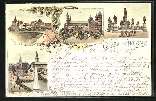 Lithographie Worms, Dom, Festspielhaus, Luther-Denkmal, Grossherzog Ludwig IV-Denkmal