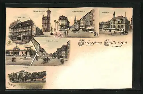 Lithographie Göttingen, Gasthaus Alte Fink, Weenderstrasse, Rathaus, Bismarckthurm