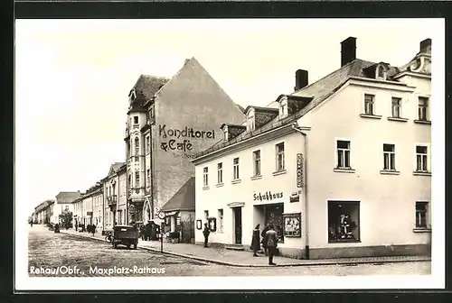 AK Rehau, Maxplatz-Rathaus Ecke Bahnhofstrasse