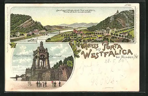 Lithographie Porta Westfalica, Kaiser Wilhelm Denkmal, Totalansicht