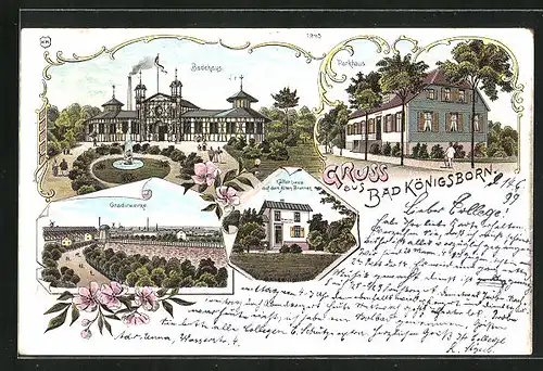 Lithographie Bad Königsborn, Kaffeehaus auf dem Alten Brunnen, Badehaus, Parkhaus