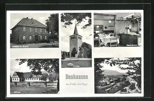 AK Benhausen, Gasthof A. Brand, Schule, Viadukt
