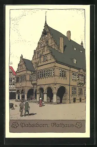 Steindruck-AK Paderborn, Strasse am Rathaus mit Vorplatz