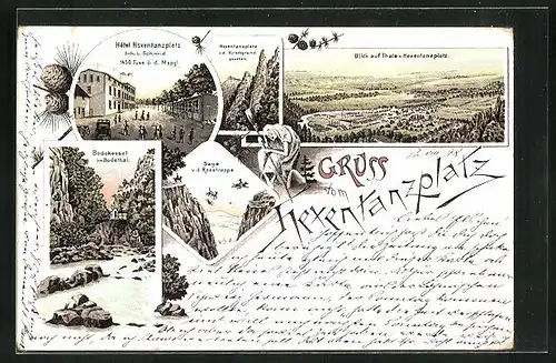 Lithographie Thale, Hôtel Hexentanzplatz, Bodekessel im Bodethal, Sage v. d. Rosstrappe