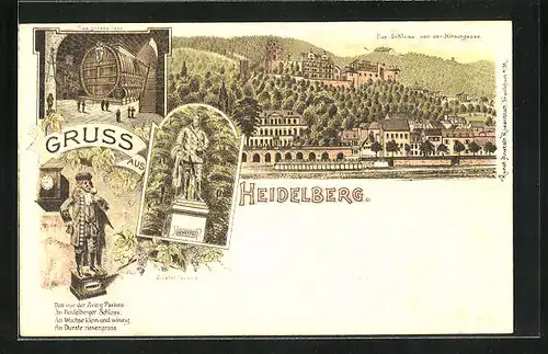 Lithographie Heidelberg, Das Schloss von der Hirschgasse, Das grosse Fass, Scheffel Denkmal