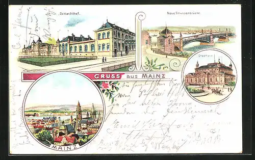 Lithographie Mainz, Schlachthof, Stadthalle, Neue Strassenbrücke