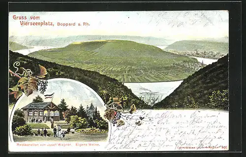 AK Boppard a. Rh., Restaurant von Josef Wagner, Vierseenplatz mit Dampfer