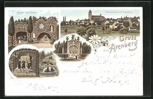 Lithographie Arenberg, Arme-Seelen-Kapelle, Einsiedelei des hl. Franziskus, Grotte von Lourdes