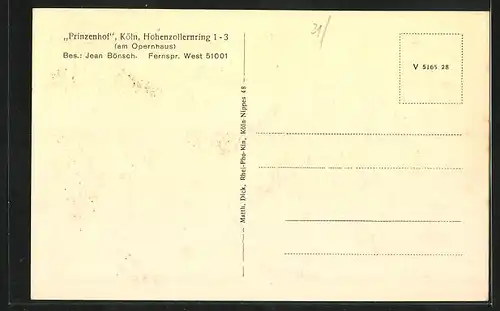 AK Köln, Gasthaus Prinzenhof, Hohenzollernring 1-3 am Opernhaus, Innenansicht