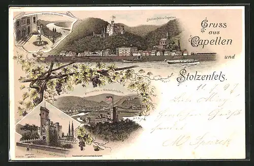 Lithographie Capellen, Teilansicht mit Stolzenfels, Partie im Schloss, Eingang