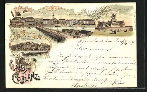 Lithographie Koblenz, Teilansicht, Ehrenbreitstein Festung u. Schiffbrücke, Kaiserdenkmal der Rheinprovinz