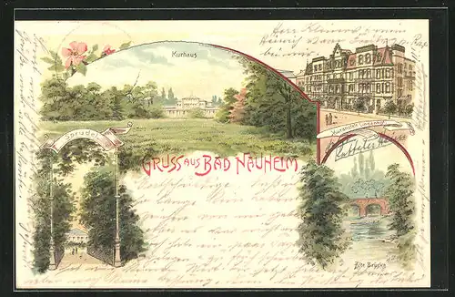 Lithographie Bad Nauheim, Kuranstalt Lindenhof, Kurhaus, Sprudel